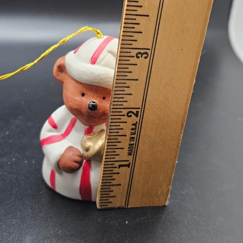 Vintage 1985 Giftco Teddy Bear Bell Christmas Ornament Peppermint Suit